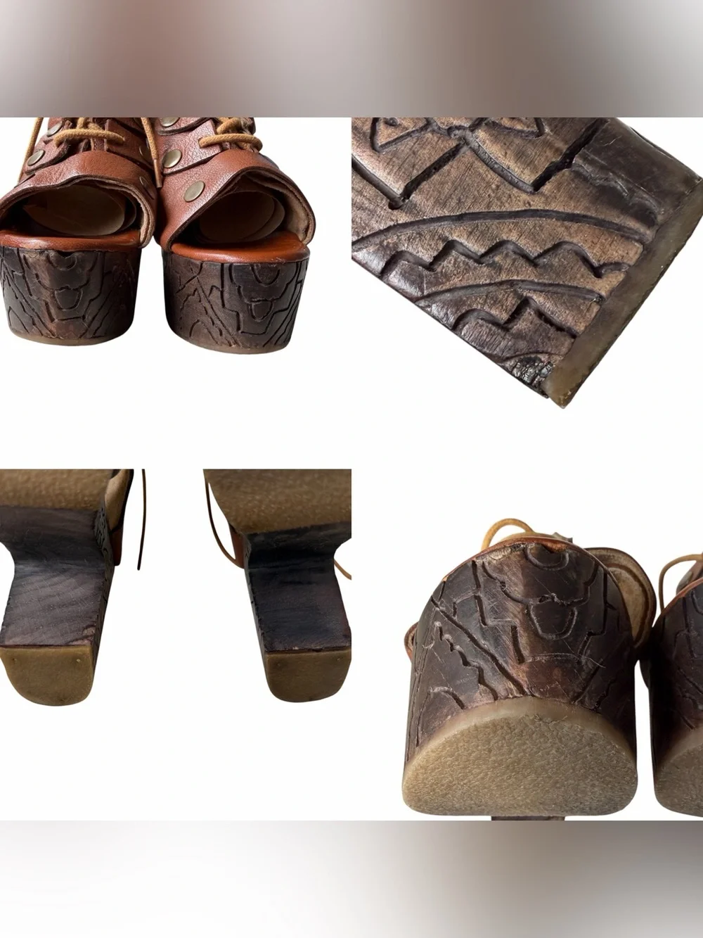 Free People Platform Clog Heels Womens 38 7.5 Brown Leather Wood Farrah Lace Up